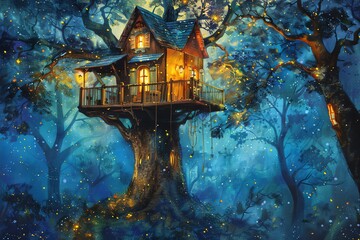 The whimsical treehouse as a focal point, surrounded by vibrant, towering trees in a magical forest setting Emulate a mystical aura with a touch of wonder Traditional Art Medium - obrazy, fototapety, plakaty