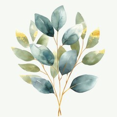 A watercolor painting of eucalyptus leaves with gold accents.