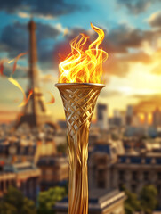 Torch with the Olympic flame against the backdrop of Paris with the Eiffel Tower - 787294274