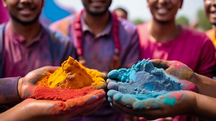 Hands / Palms of young people covered in purple, yellow, red, blue Holi festival colors isolated




