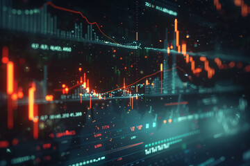 Digital display, options chart, stock market index chart glowing on a dark background.  - obrazy, fototapety, plakaty