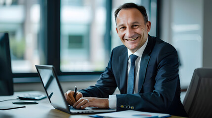 Middle aged smiling professional business man global company executive ceo manager or lawyer wearing suit sitting at desk in modern office working on laptop computer and writing notes  : Generative AI