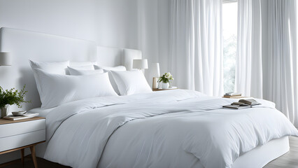Modern bedroom decoration, with white sheets, white pillows, and white cups placed on top of a double bed