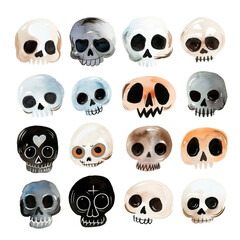 Watercolor illustration with a funny cute skull collection. Halloween Skulls Clipart set isolated on a transparent background