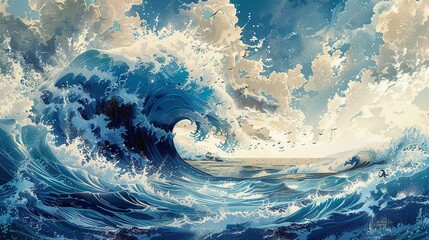 Surreal depiction of a gigantic blue ocean wave in the style of a Japanese woodblock print, surfers dotting the waves crest