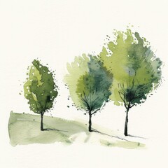 watercolor painting of three trees on a hill