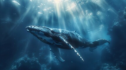 Surreal underwater scene of a humpback whale gliding upwards, sun rays piercing the ocean depths to illuminate its path - obrazy, fototapety, plakaty