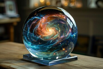 The entire Universe, galaxies and nebulae swirling in vibrant colors, encapsulated in a clear, delicate glass ball - obrazy, fototapety, plakaty