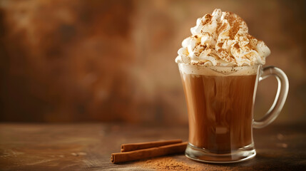 Irish coffee with whipped cream and cinnamon on a brown background : Generative AI