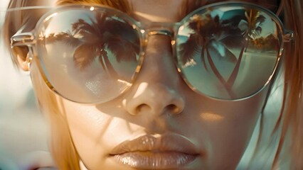 travel, vacation, summer holidays and happy people concept. Portrait of happy female in sunglasses with beach reflection. Tropical design neon effect. Beauty 4k video Female - Powered by Adobe