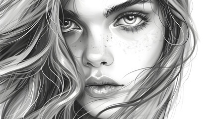 Detailed digital illustration of a woman's face, focusing on her intense gaze and freckled features