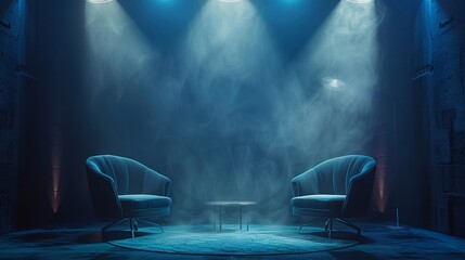 Two designer chairs under theatrical spotlights in a mysterious, dark podcast room, perfect for...