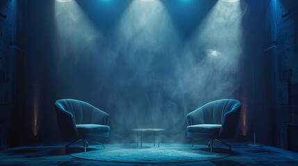 Two designer chairs under theatrical spotlights in a mysterious, dark podcast room, perfect for deep conversations, wide format