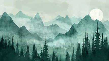 Whimsical forest and mountain landscape in shades of sage green and turquoise with abstract geometric patterns - obrazy, fototapety, plakaty
