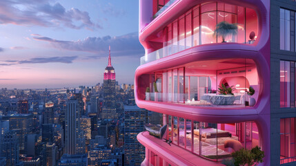 front image of a pneumatic inflatable pink plastic modern residential tower with large windows in New York with cantilever terraces realised by inflatable plastic modules  - obrazy, fototapety, plakaty