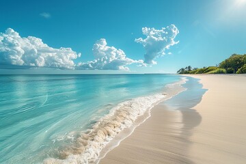 Wideangle view of a calm, turquoise sea meeting a white sandy beach under a sunny sky, embodying...
