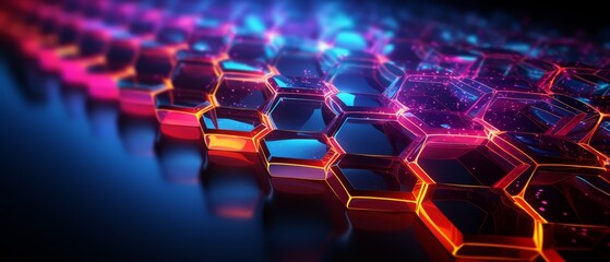 Fototapeta premium 3D geometric honeycomb network with neon data flowing through