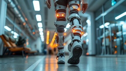 Person Walking in Robotic Exoskeleton Legs in a Modern Indoor Facility