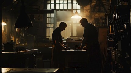 In a dimly lit shop an apprentice learns the trade from an experienced blacksmith passing on the techniques and traditions of Old World craftsmanship. .