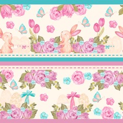 Pattern rabbit flowers vintage roses