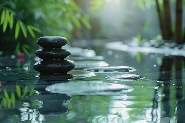 Zen stones in a reflective water setting with bamboo and soft greenery in the background, a spa and wellness concept