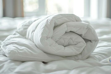 Fototapeta na wymiar White folded duvet lying on white bed, preparation for winter season, home textile or hotel comfort
