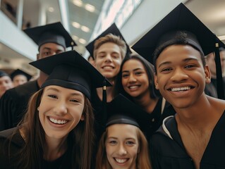 Successful careers - here we come!Group of smiling college graduates standing together in university and smiling looking at camera.
