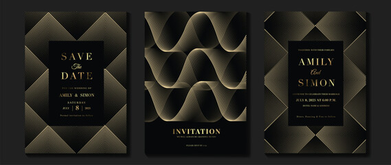 Luxury invitation card background vector. Golden elegant geometric shape, gold lines gradient on dark background. Premium design illustration for gala card, grand opening, wedding, party invitation.
