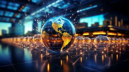 3D model of Earth with streaming data links, blurred international airport terminal background, - obrazy, fototapety, plakaty