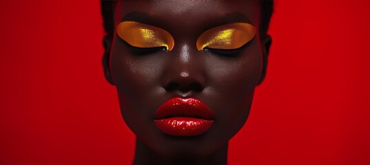 Bold high contrast makeup for black woman in editorial branding photo shoot, striking aesthetic