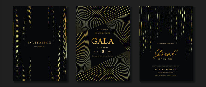 Luxury invitation card background vector. Golden elegant geometric shape, gold lines gradient on dark background. Premium design illustration for gala card, grand opening, wedding, party invitation.