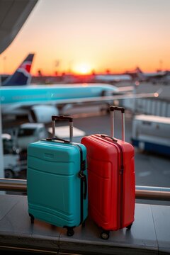 Business and holiday travel flight booking with luggage at airport banner concept