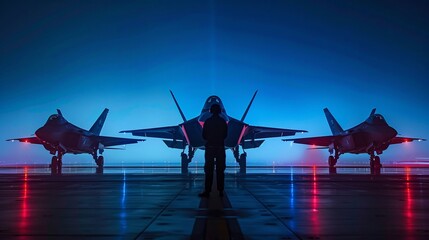 A mesmerizing visual of fighter jets silhouetted against a backdrop of a deep blue sky, highlighted by bold, vivid colors such as ruby red, sapphire blue, and emerald green A fearless pilot commands 