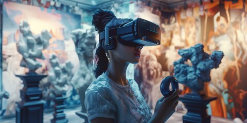 Talented Female Artist Wearing Augmented Reality Headset Working on Abstract 3D Sculpture with Controllers, Uses Gestures To Create Multimedia Internet Concept Art. 3D Animation Special Effect 