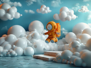 Fototapeta na wymiar Cartoon character in 3D flying towards a cloud with a data packet, showcasing cloud upload technology