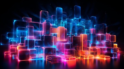 3D tech-themed crystalline structures in vibrant neon colors