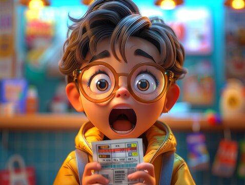 Cartoon character in 3D checking a lotto ticket and expressing shock at winning the jackpot, colorful backdrop