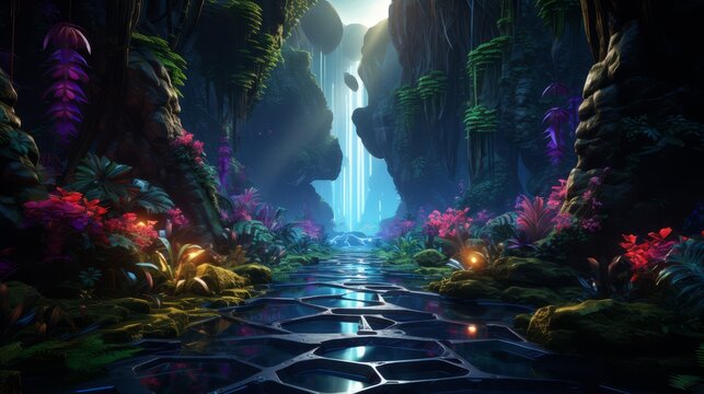 3D tech-themed geometric rainforest with vibrant, glowing flora