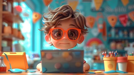 Cartoon character using a laptop to order summer party supplies, colorful decorations background - obrazy, fototapety, plakaty