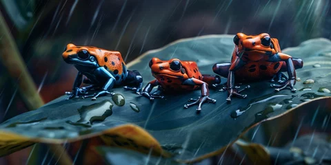 Fotobehang Three colorful poison dart frogs, commonly found in Central American rainforests, depicted in a natural, rainy habitat © gunzexx