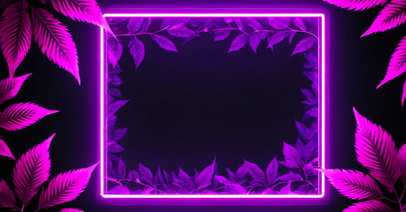 Beautiful illustration of a vibrant dark purple and pink neon frame surrounded by foliage 