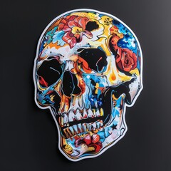 a colorful skull with flowers on it on a black background