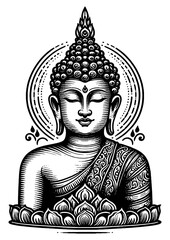 Buddha face with mandala design sketch engraving generative ai fictional character PNG illustration. Scratch board imitation. Black and white image.