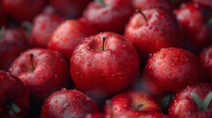 Fototapeta na wymiar Detailed close-up of fresh apples with water droplets showcasing their natural red texture