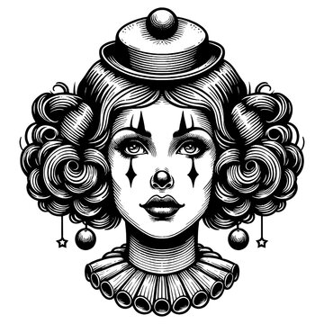 Beautiful female clown with ornate costume details and a melancholic expression sketch engraving generative ai fictional character PNG illustration. Scratch board imitation. Black and white image.