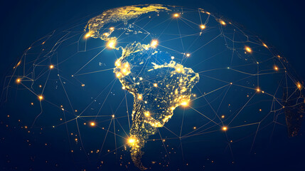 A vibrant illustration featuring golden lights connecting various points across the South American continent demonstrating a network