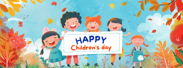 Fototapeta premium Happy Children's Day Greeting with Autumn Leaves 