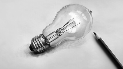 Pencil line drawing of a lightbulb with a pencil. Creativity idea doodle sketch.