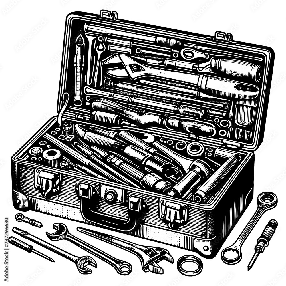 Poster open toolbox, displaying a range of mechanical tools in a striking black and white style sketch engr