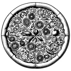 pizza with a variety of toppings, cut into slices sketch engraving generative ai PNG illustration. Scratch board imitation. Black and white image.